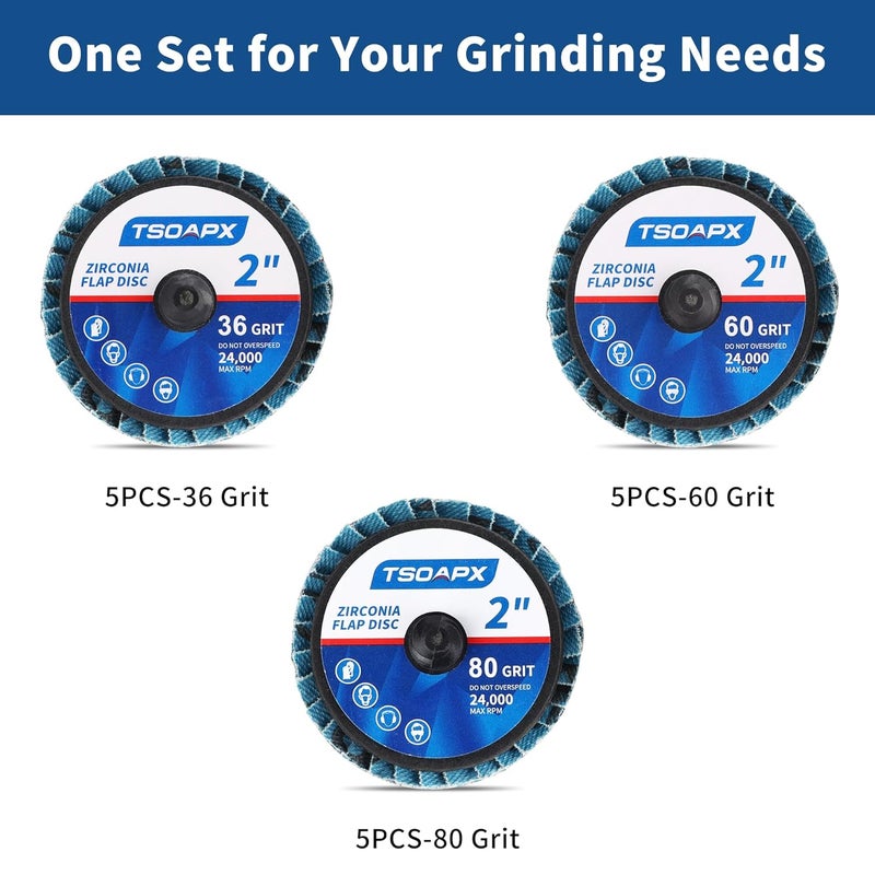 TSOAPX 15 PCS Flap Disc Set, 2" Zirconia Blue Flat Flap Discs Roll Lock Grinding Sanding Sandpaper Wheels Grit 36/60/80, Surface Prep Discs for Angle Grinder Strip Rust Paint Removal - Image 3